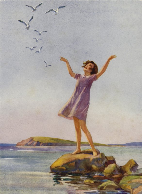 Tyttö nauttii auringonpaisteesta meren rannalla (väri litho) tekijältä Percy Bell Hickling