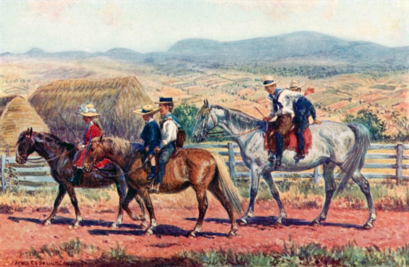 Australialaiset lapset kouluun ratsastamassa (värilitho) tekijältä Percy F.S. (after) Spence