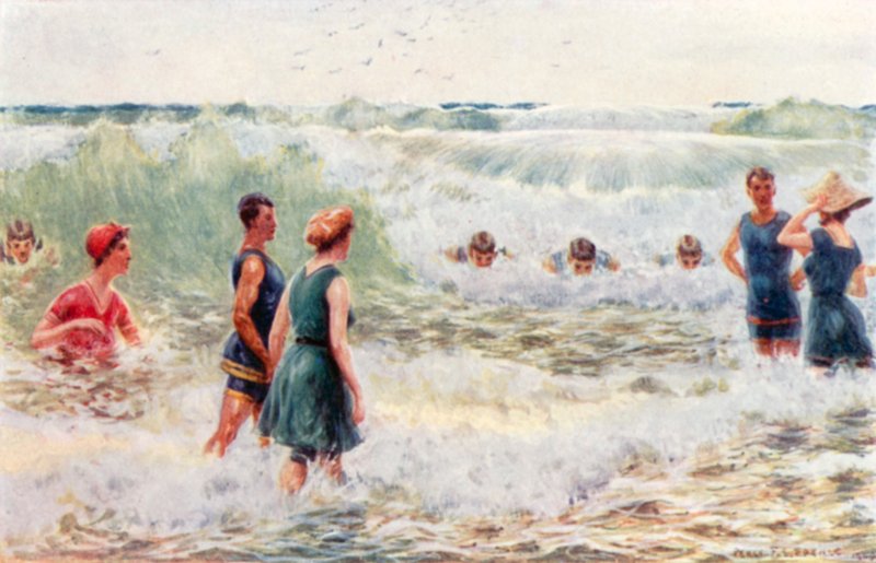 Surffauskylpy, katkaisijoiden ammunta (värilitho) tekijältä Percy F.S. (after) Spence