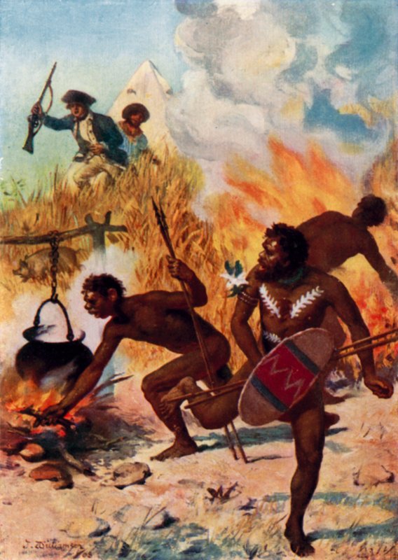 Australian alkuperäisasukkaat kapteeni Cookin aikana (väri litho) tekijältä Percy F.S. (after) Spence