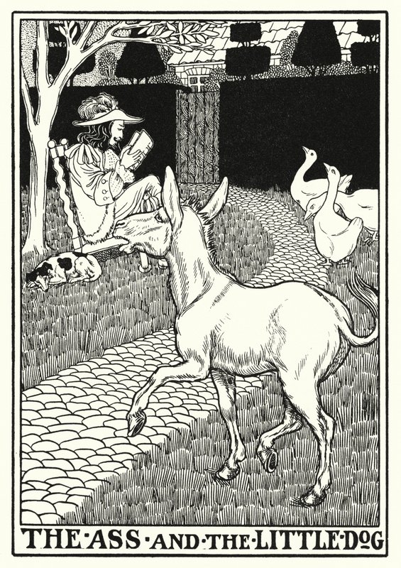 La Fontainen tarinoita: Aasi ja pieni koira (litho) tekijältä Percy James Billinghurst