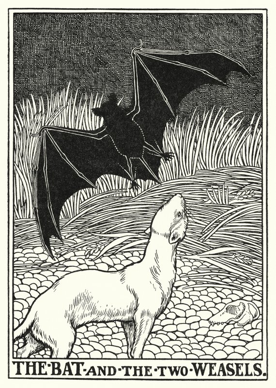 La Fontainen tarinoita: Lepakko ja kaksi lumikkoa (litho) tekijältä Percy James Billinghurst