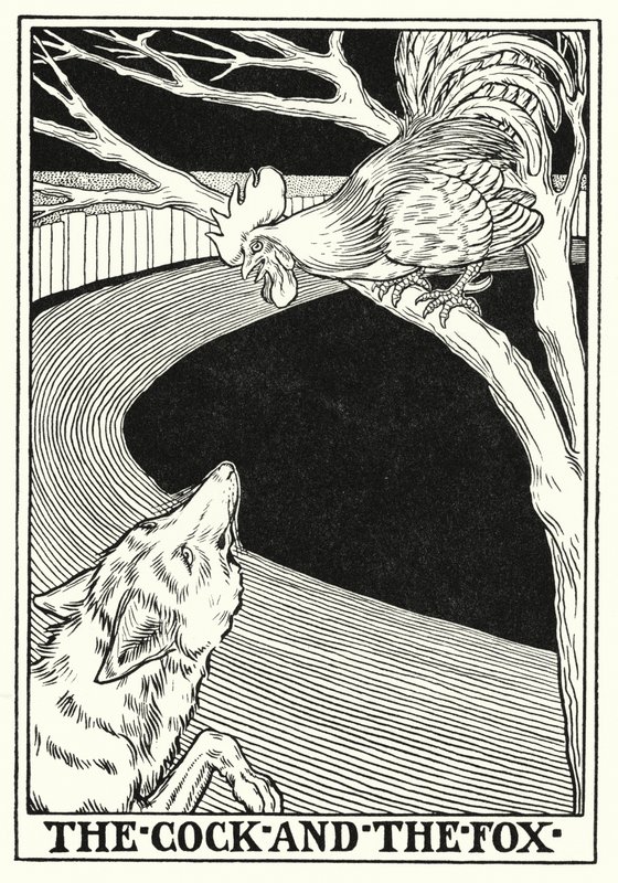 La Fontainen tarinoita: Kukko ja kettu (litho) tekijältä Percy James Billinghurst