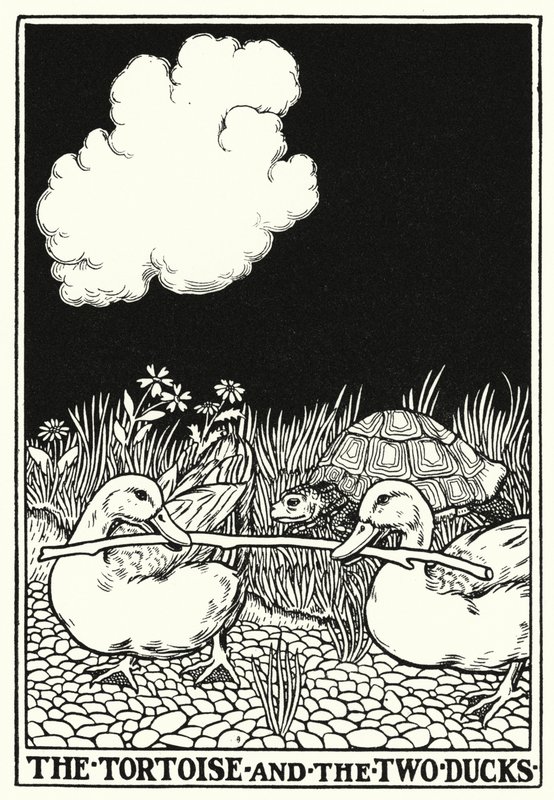 La Fontainen tarinoita: Kilpikonna ja kaksi ankkaa (litho) tekijältä Percy James Billinghurst