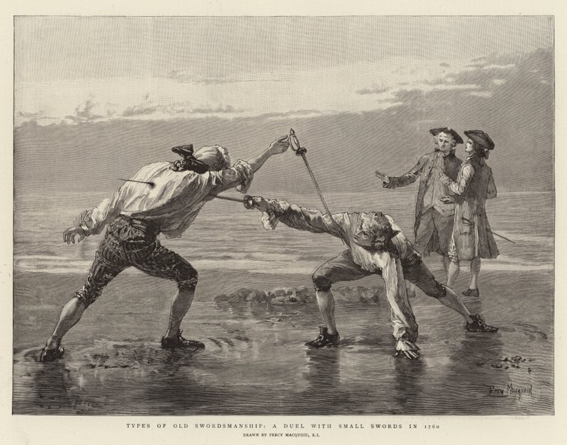 Vanhan miekkailun tyypit, kaksintaistelu pienten miekkojen kanssa vuonna 1760 tekijältä Percy Macquoid