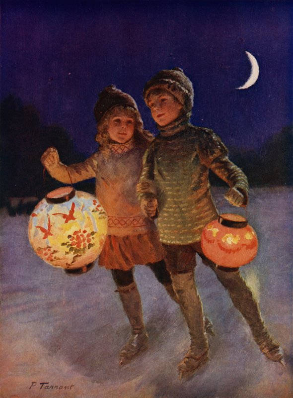 Poika ja tyttö luistelevat keijulyhtyjen kanssa yöllä (värilitho) tekijältä Percy Tarrant