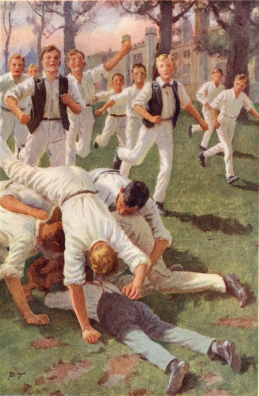 Kaksi ryntää yhdessä ja heittäytyy pallon päälle (värilitho) tekijältä Percy Tarrant