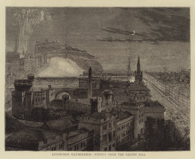Edinburgh valaistu, katsottuna Calton Hilliltä tekijältä Percy William Justyne