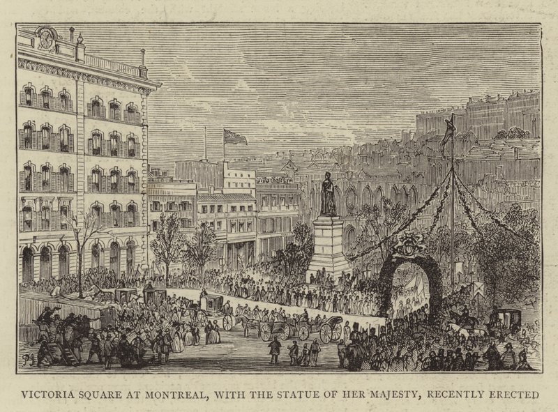 Victoria Square Montrealissa, jossa on äskettäin pystytetty Hänen Majesteettinsa patsas tekijältä Percy William Justyne