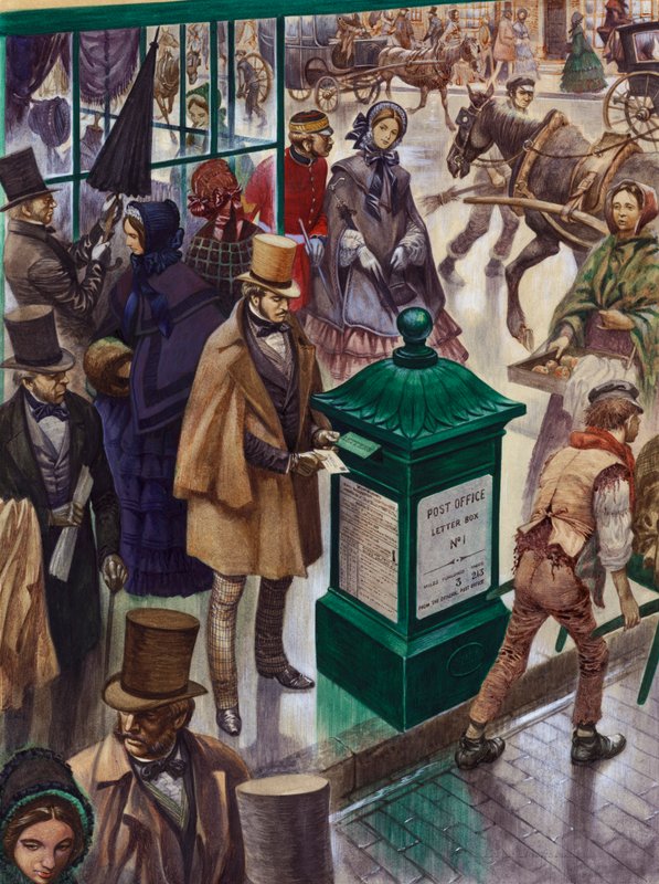 Kirjeen lähettäminen Postin kirjelaatikkoon nro 1 Lontoossa vuonna 1855 tekijältä Peter Jackson