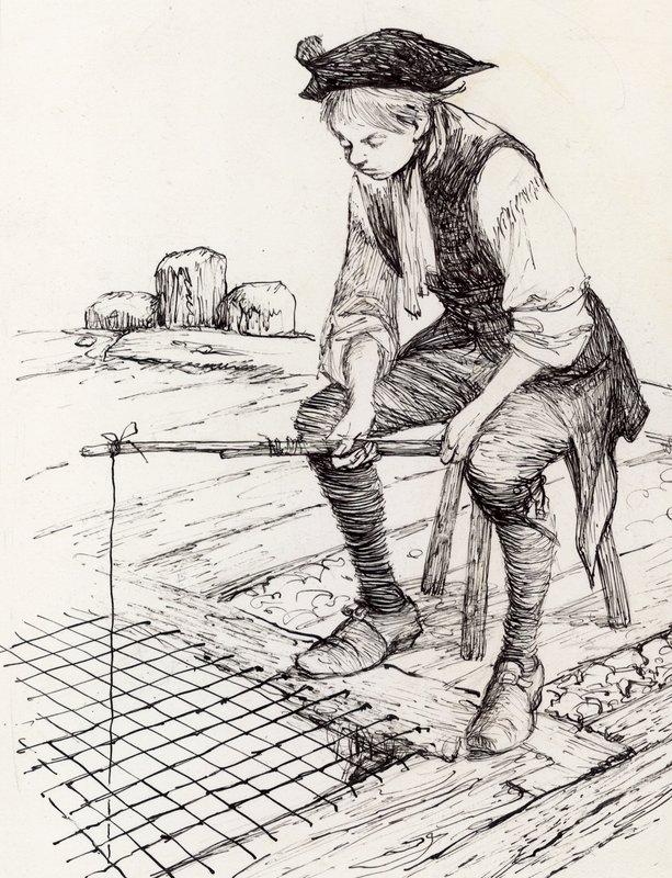 Poika kalastamassa St Thomasin kappelissa Old London Bridgellä (muste paperille) tekijältä Peter Jackson