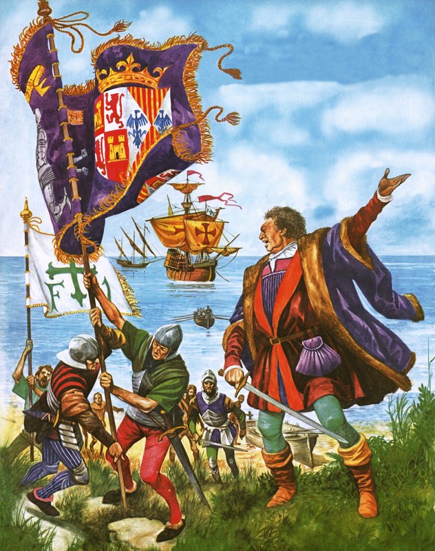 Christopher Columbus istuttaa Espanjan kuninkaallisen standardin äskettäin löydetylle Amerikan maalle tekijältä Peter Jackson