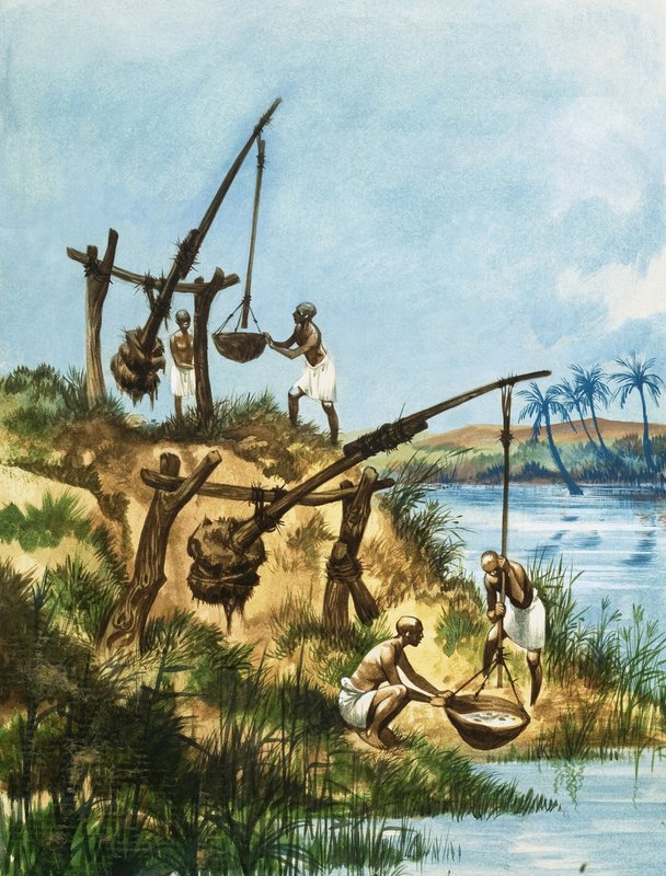 Varhaiset egyptiläiset käyttivät painojen ja pylväiden järjestelmää, jota kutsutaan varjoiksi saadakseen vettä Niilistä tekijältä Peter Jackson