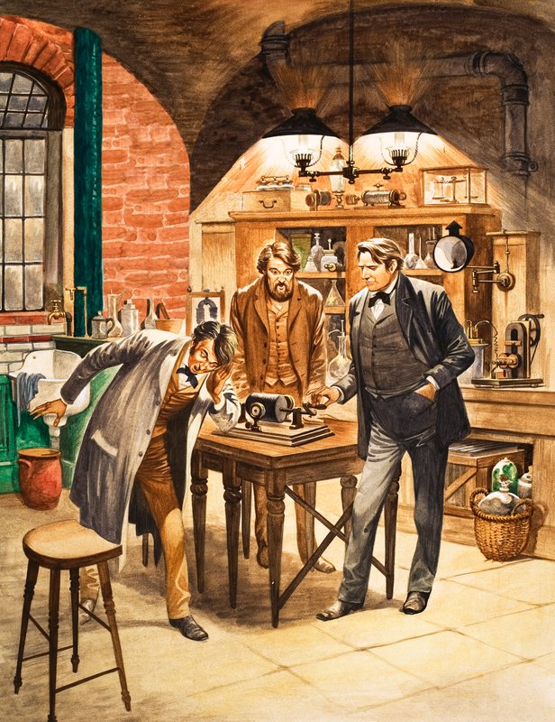 Edison esittelee ensimmäistä fonografia laboratoriossaan. tekijältä Peter Jackson