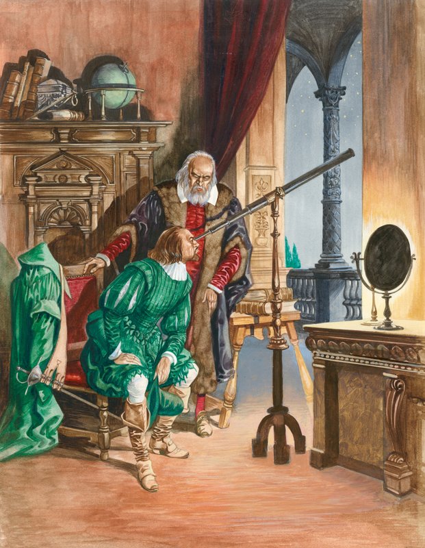 Galileo, joka on nyt sokea, antaa ystävänsä katsella tähtiä kaukoputkellaan työhuoneensa parvekkeelta Pisassa. tekijältä Peter Jackson