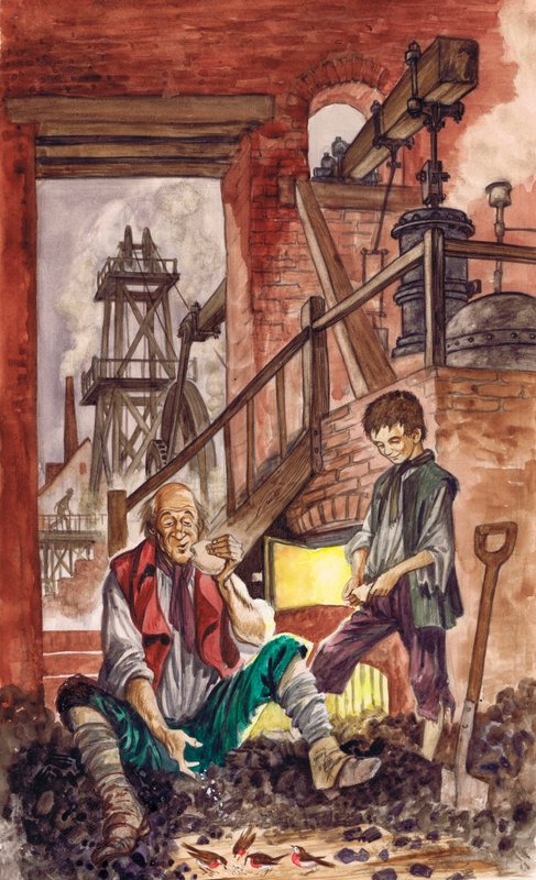 George Stephenson katsomassa isänsä syöttävän murusia kesyttämilleen robineille (guassi paperilla) tekijältä Peter Jackson