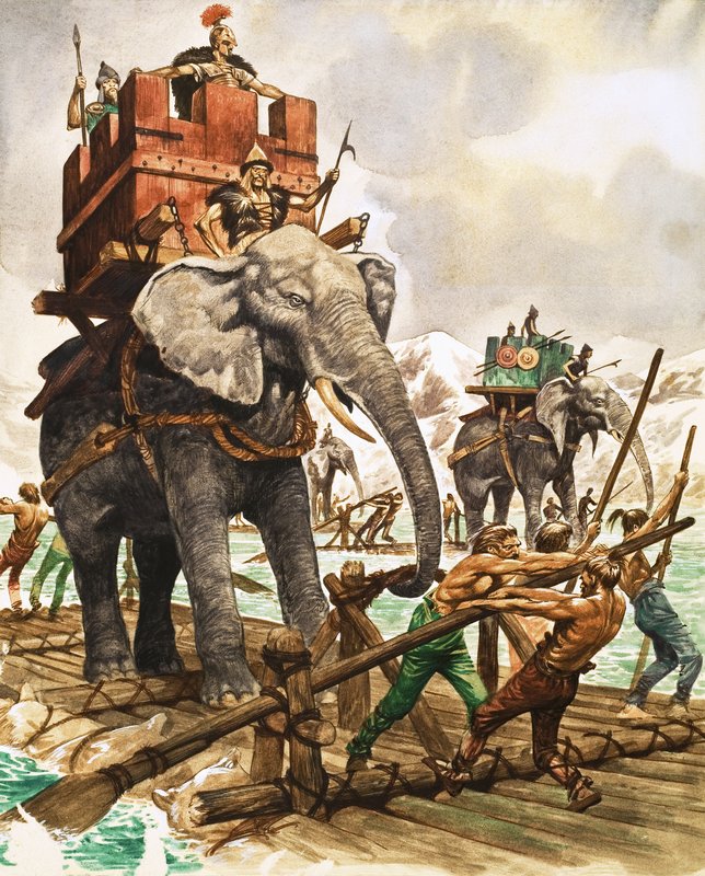 Hannibal ja hänen norsunsa ylittämässä jokea lautalla tekijältä Peter Jackson
