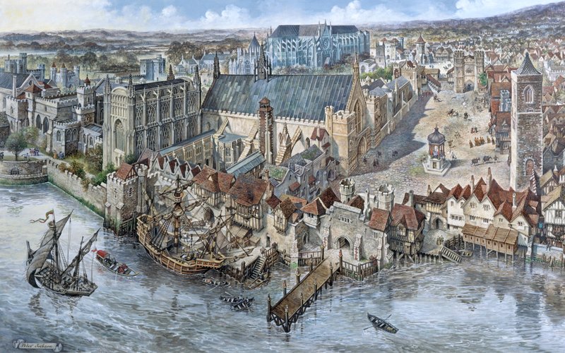 Vanha Lontoo uudelleenrakennettuna: Westminsterin palatsi noin 1530 tekijältä Peter Jackson