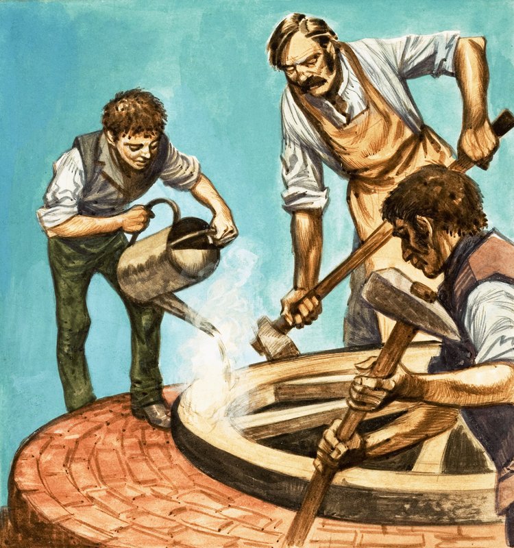 Olipa kerran... kylän elämää sata vuotta sitten. Pyöränsepät laittavat vanteen pyörään. tekijältä Peter Jackson