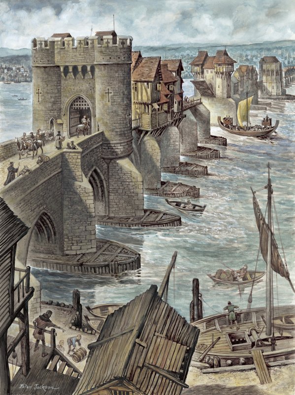 Jälleenrakennus, jossa näkyy Old London Bridge muutama vuosi sen rakentamisen jälkeen, katsoen luoteeseen tekijältä Peter Jackson