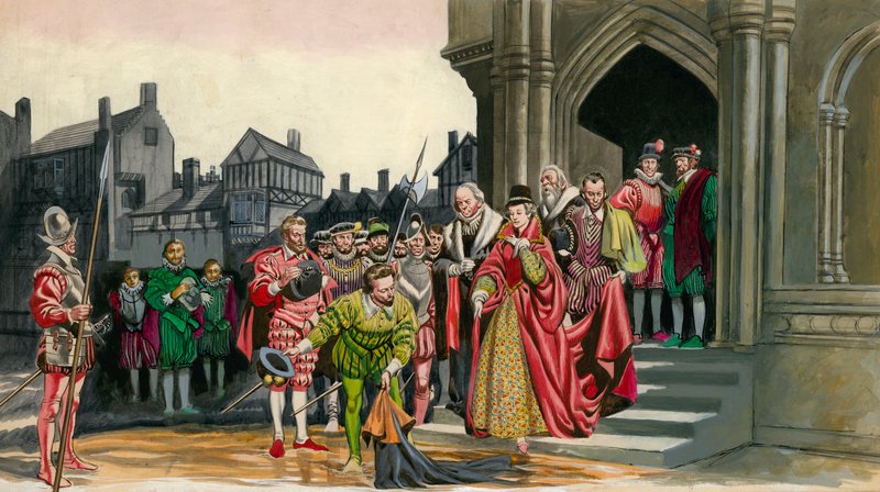 Sir Walter Raleigh laskee viittansa kuningatar Elisabet I:n puolesta. tekijältä Peter Jackson