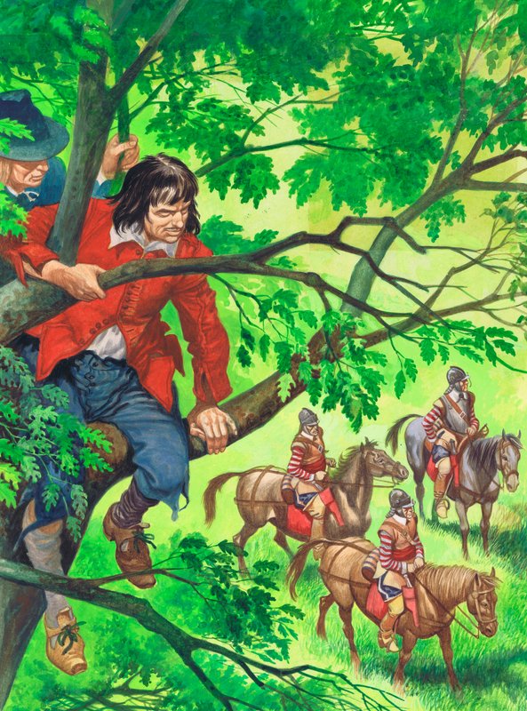 Tuleva kuningas Kaarle II piiloutumassa Boscobelin tammessa (guassi paperilla) tekijältä Peter Jackson
