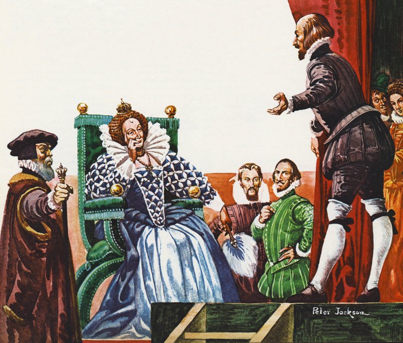 William Shakespeare esittelee yhden näytelmissään kuningatar Elizabeth I:lle tekijältä Peter Jackson