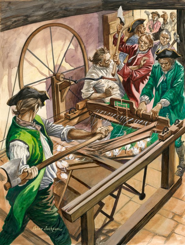 Työntekijät hyökkäävät James Hargreavesin Blackburnin kotiin tuhotakseen hänen keksintönsä, Spinning Jennyn tekijältä Peter Jackson
