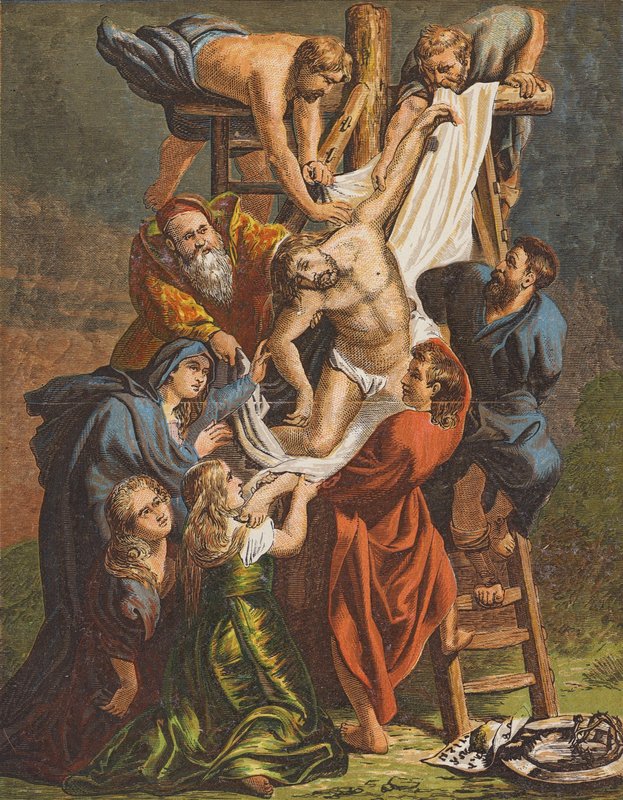Jeesuksen Kristuksen laskeutuminen ristiltä (värilitografia) tekijältä Peter Paul (after) Rubens