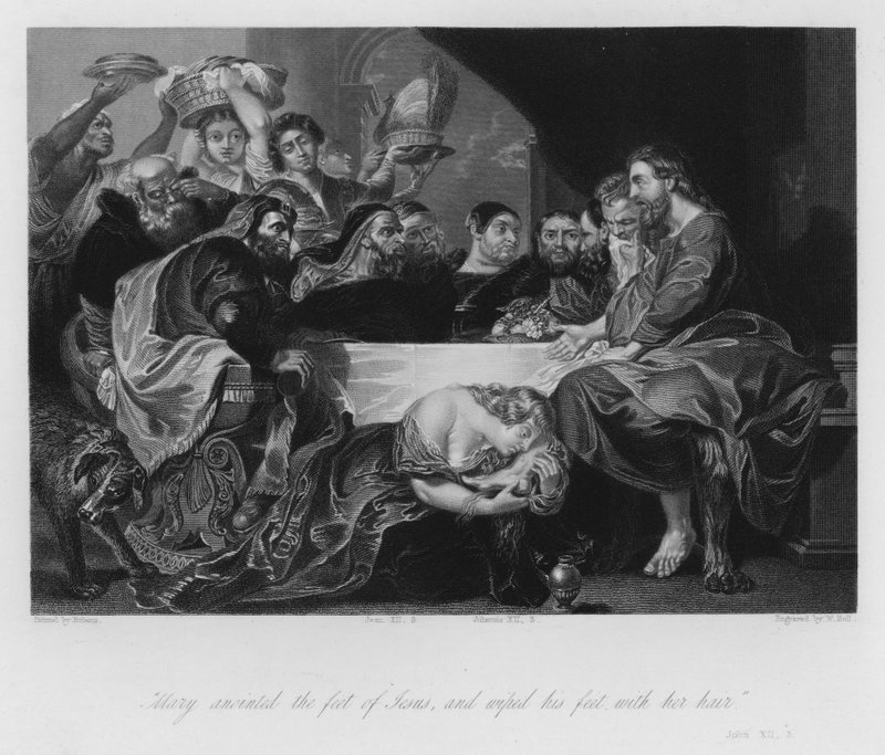Maria Magdaleena voitelemassa Vapahtajan jalat, Johannes XII, 3 (kaiverrus) tekijältä Peter Paul (after) Rubens