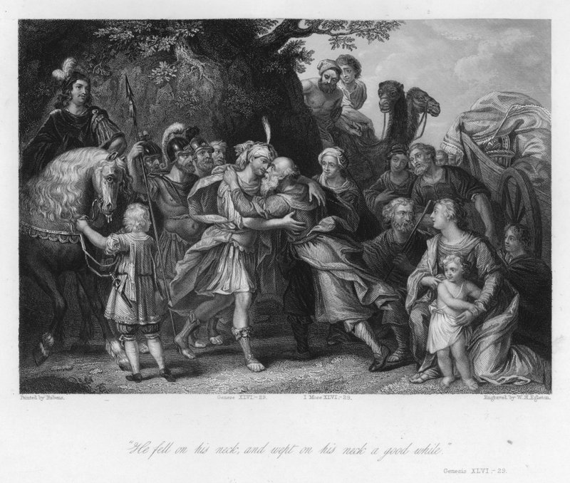 Jaakobin ja Joosefin tapaaminen, Genesis XLVI, 29 (kaiverrus) tekijältä Peter Paul (after) Rubens