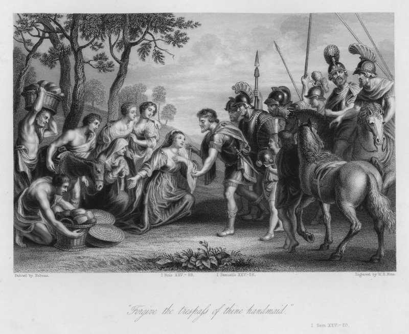 Daavidin ja Abigailin tapaaminen, I Samuel XXV, 28 (kaiverrus) tekijältä Peter Paul (after) Rubens
