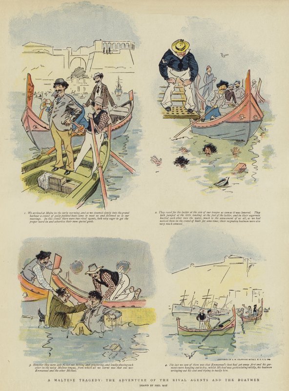 Maltan tragedia, kilpailevien agenttien ja venemiesten seikkailu (chromolitho) tekijältä Phil May