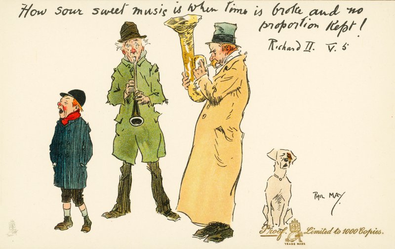 Kuinka hapan suloinen musiikki onkaan, kun aika on rikki eikä mittasuhteita pidetä! (värilitografia) tekijältä Phil May