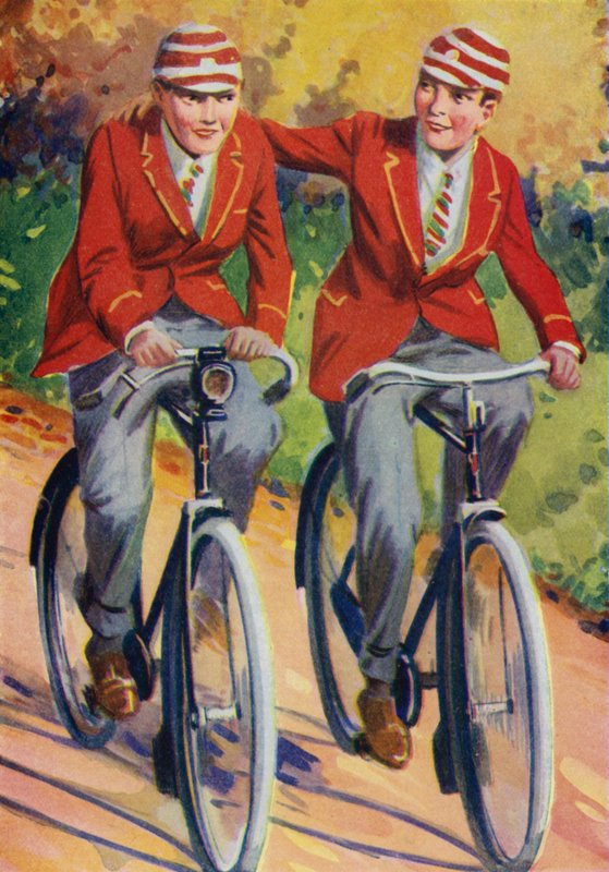 Pojat koulupuvussa, pyöräilemässä (väri litho) tekijältä Philibert Louis Debucourt