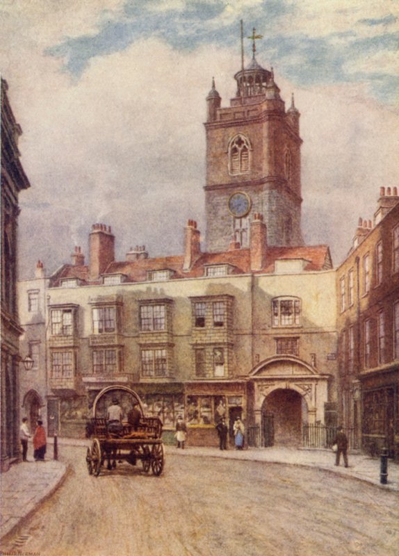 St Gilesin kirkon torni, Cripplegate ja vanhat talot Fore Streetillä, 1884 tekijältä Philip Norman
