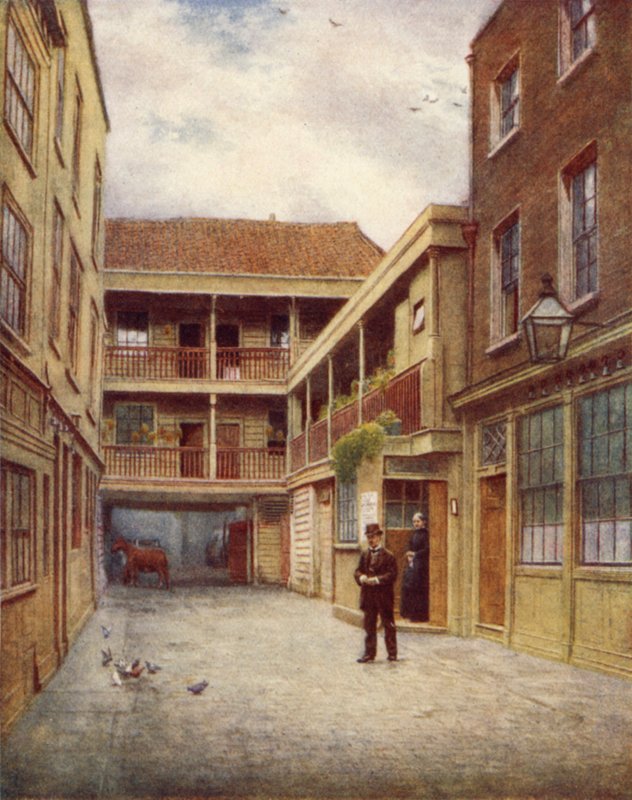 Yard of Old Bell Inn, Holborn, etelästä, 1897 tekijältä Philip Norman