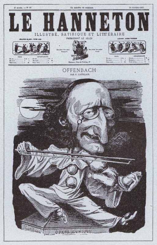 Karikatyyri saksalaissyntyisestä ranskalaisesta säveltäjästä Jacques Offenbachista (litho) tekijältä Philippe Auguste Cattelain