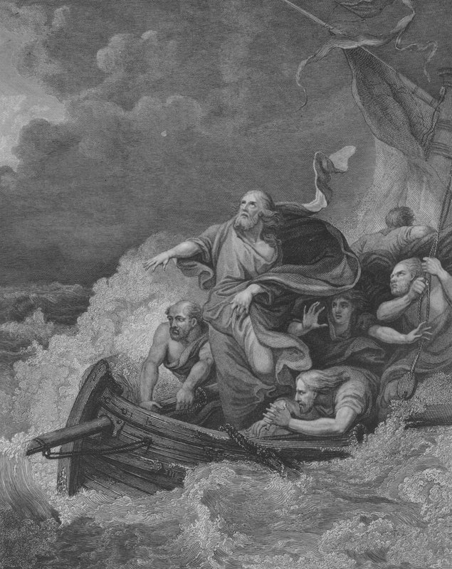 Kristus hiljentää myrskyn, Matteus 8, säkeet 23-28 (kaiverrus) tekijältä Philippe de (after) Loutherbourg