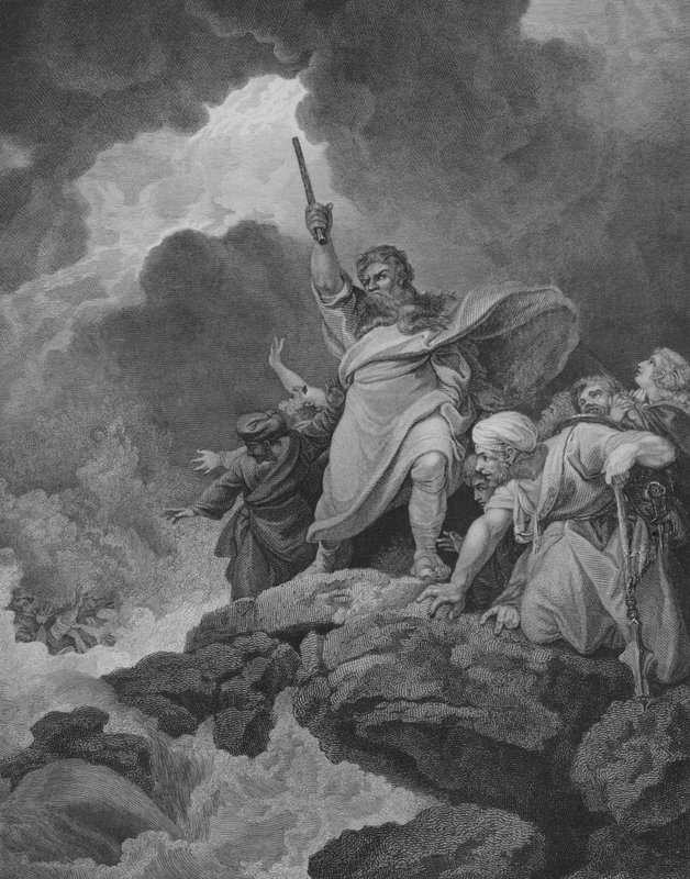 Faraon sotajoukon tuho, 2. Moos. 14, jakeet 19-31 (kaiverrus) tekijältä Philippe de (after) Loutherbourg