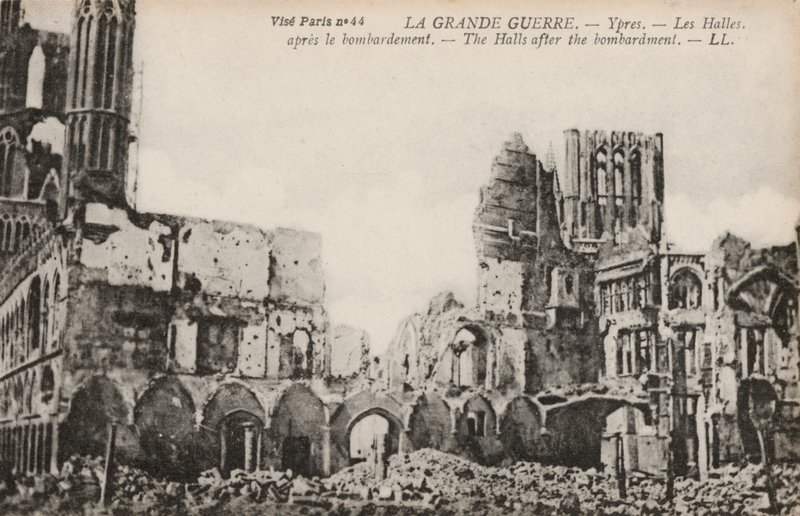 Verkahallin rauniot, Ypres, Belgia, ensimmäisen maailmansodan pommituksen jälkeen tekijältä Photographer Belgian