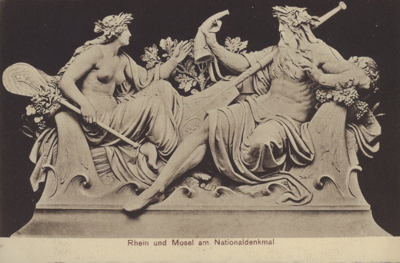 Reiniä ja Mosel-jokea edustavat allegoriset hahmot Nationaldenkmalilla, Saksan yhdistymisen muistomerkki, Rudesheim am Rhein, Hessen (m/v kuva) tekijältä Photographer German