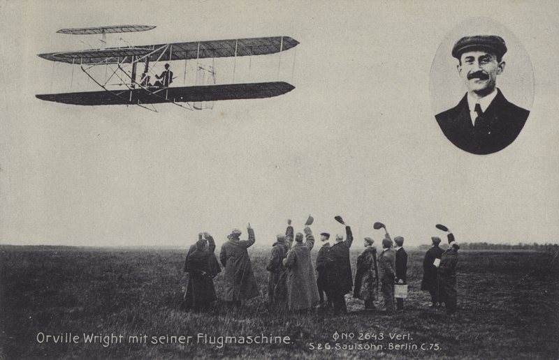 Amerikkalainen lentäjä Orville Wright ja hänen lentävä kone (m/w kuva) tekijältä Photographer German