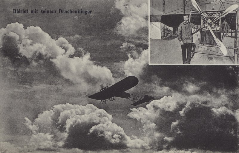 Ranskalainen lentäjä Louis Bleriot ja hänen yksitaso (m/w kuva) tekijältä Photographer German