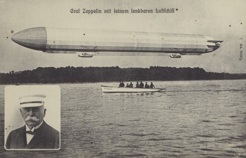 Graf Ferdinand von Zeppelin ja yksi hänen ilmalaivoistaan (m/v kuva) tekijältä Photographer German