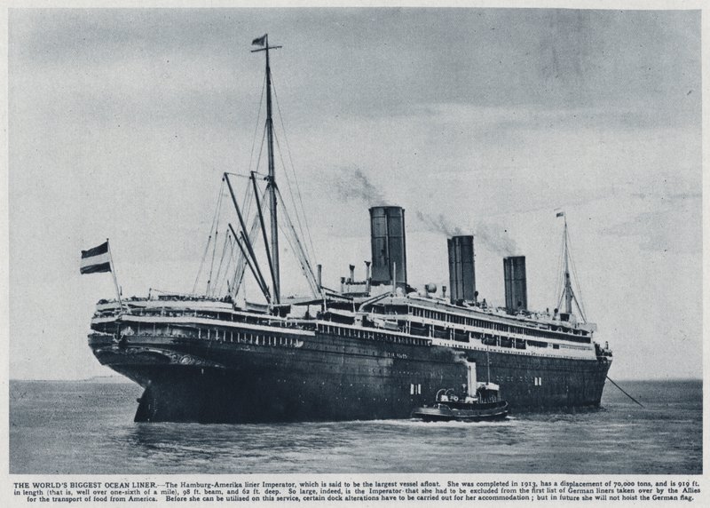 Imperator, valtamerialus, joka rakennettiin saksalaiselle Hamburg America Line -linjalle vuonna 1913, jota liittolaiset käyttivät amerikkalaisten joukkojen kuljettamiseen takaisin Yhdysvaltoihin ensimmäisen maailmansodan jälkeen (m/v kuva) tekijältä Photographer German