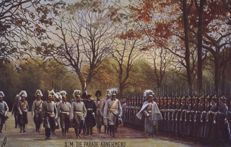 Keisari Wilhelm II tarkastamassa saksalaisia sotilaita paraatissa (värillinen kuva) tekijältä Photographer German
