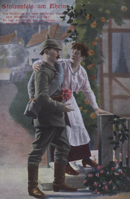Stolzenfelsin linna Rein-joella, saksalainen isänmaallinen sotilaallinen postikortti (värillinen kuva) tekijältä Photographer German