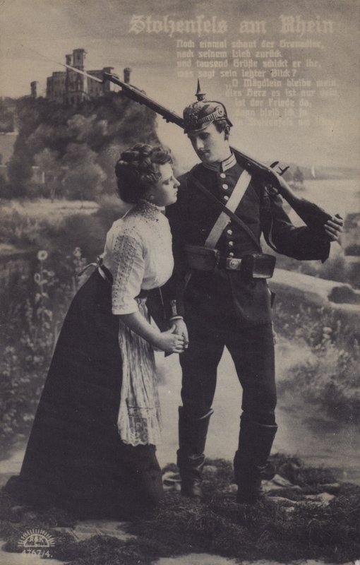 Stolzenfelsin linna Rein-joella, saksalainen isänmaallinen sotilaallinen postikortti (m/v kuva) tekijältä Photographer German