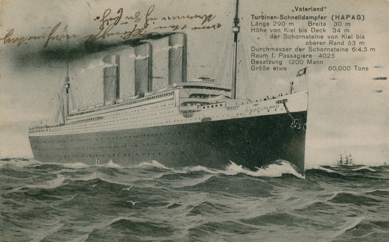 Saksalainen laiva, Vaterland. Postikortti lähetetty 1913. tekijältä Photographer German